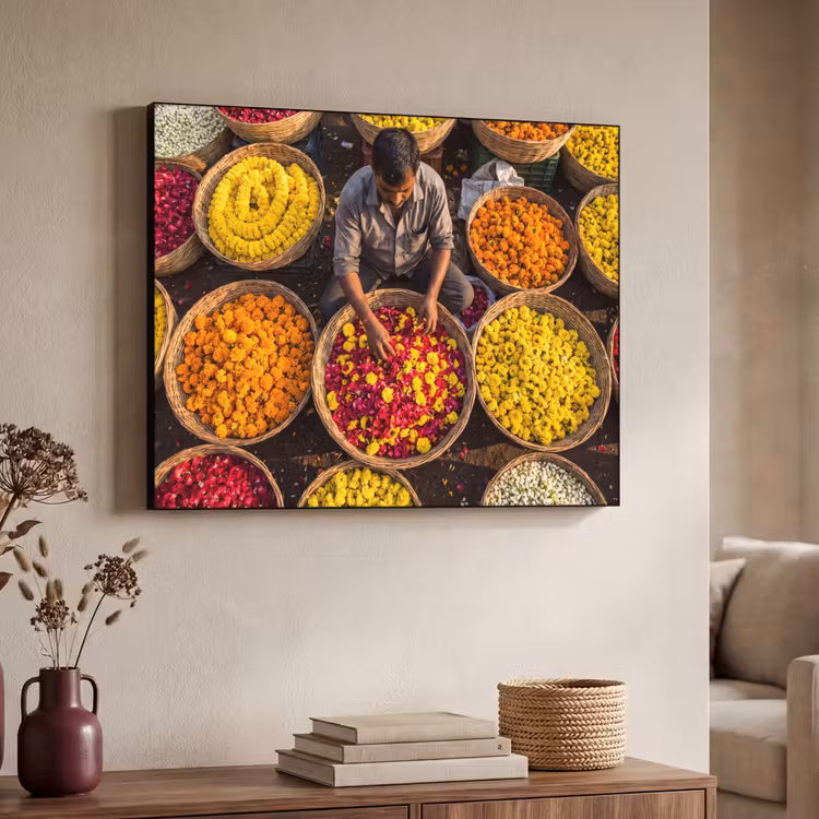 Art Frame - Blumen – Markt – Bunt - Bloemen - Markt - Kleurrijk Textielframe zwart klein