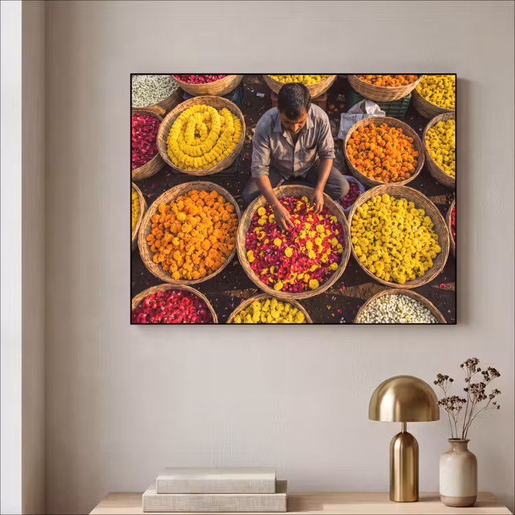 Art Frame - Blumen – Markt – Bunt - Bloemen - Markt - Kleurrijk Textielframe zwart klein