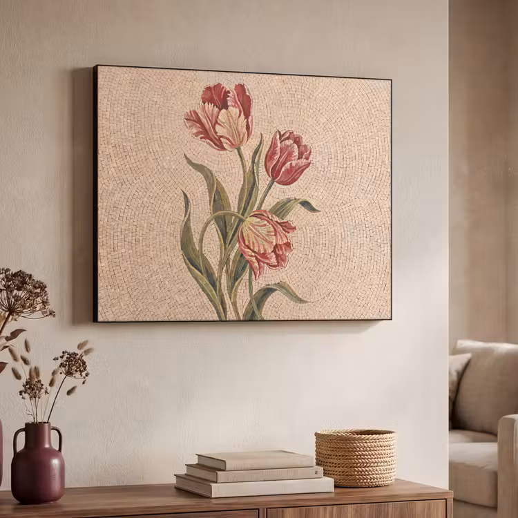 Bloemen - Mozaïek - Rood - Groen - Kunst Textielframe zwart klein -sfeer3
