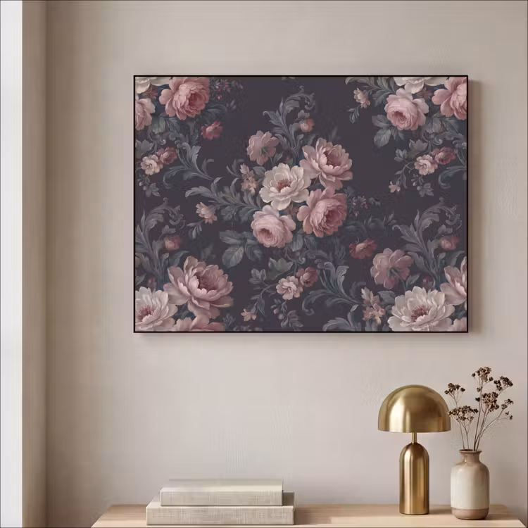 Bloemen - Patroon - Sierlijk - Roze - Donker Textielframe zwart klein -sfeer2