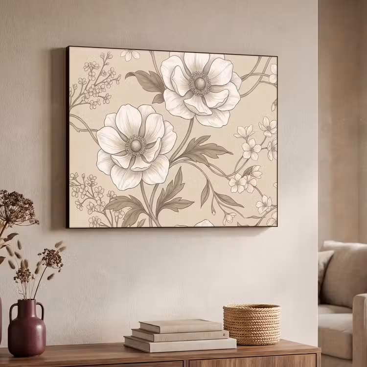 Bloemen - Patroon - Beige Textielframe zwart klein -sfeer3
