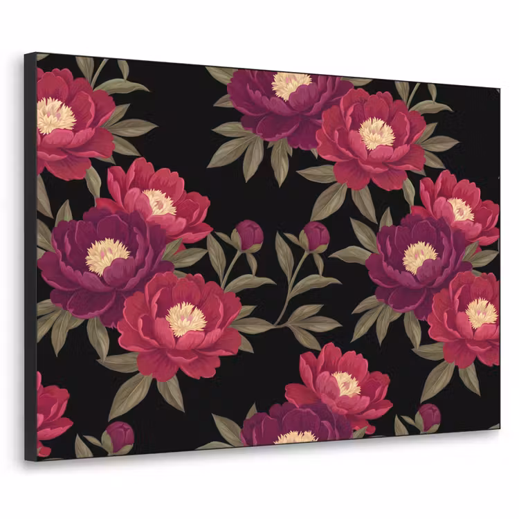 Bloemen - Patroon - Botanisch - Rood - Zwart Textielframe zwart klein -3d