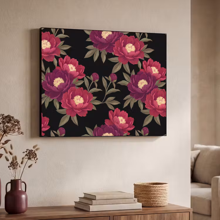 Bloemen - Patroon - Botanisch - Rood - Zwart Textielframe zwart klein -sfeer3