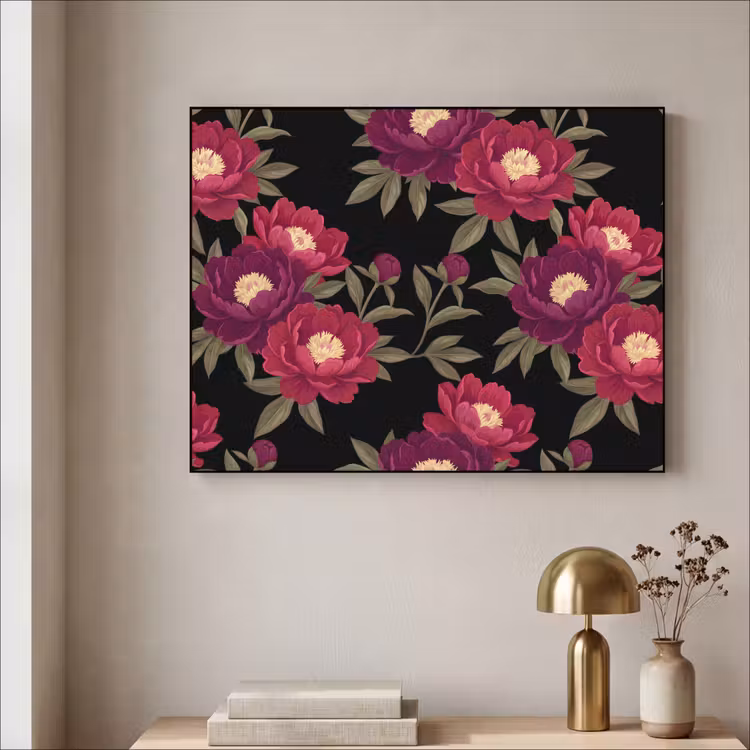 Bloemen - Patroon - Botanisch - Rood - Zwart Textielframe zwart klein -sfeer2