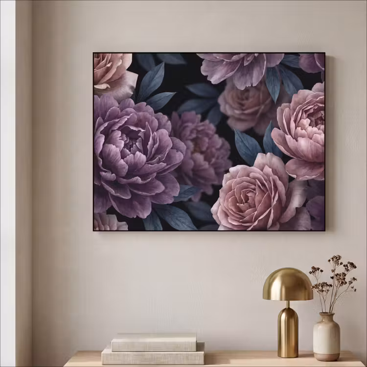 Bloemen - Patroon - Donker - Botanisch - Paars Textielframe zwart klein -sfeer2