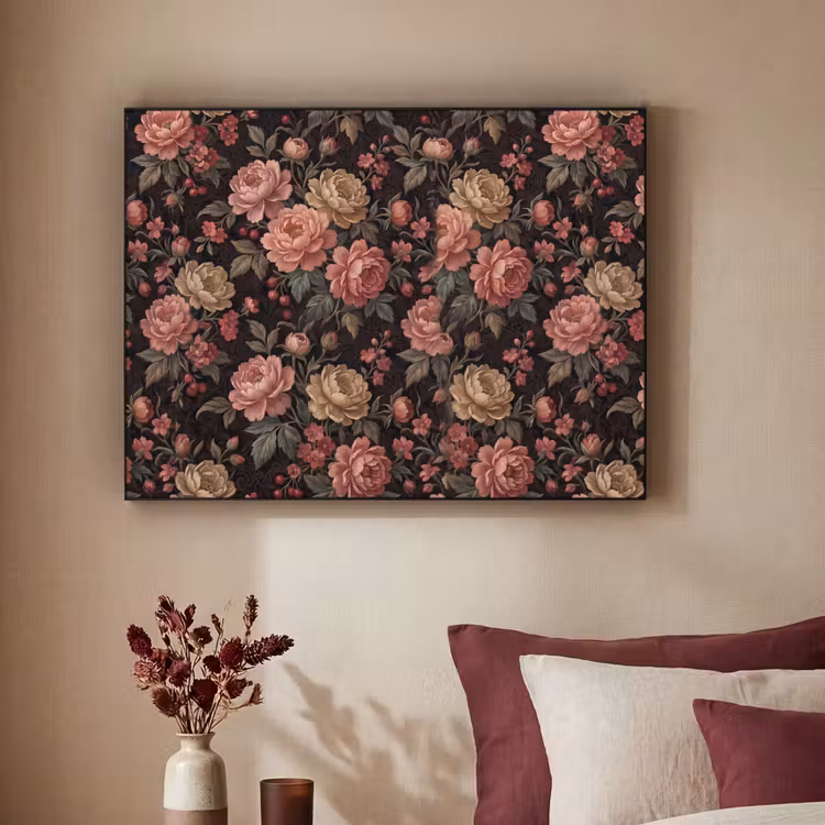 Bloemen - Patroon - Natuur - Vintage - Roze Textielframe zwart klein -sfeer1