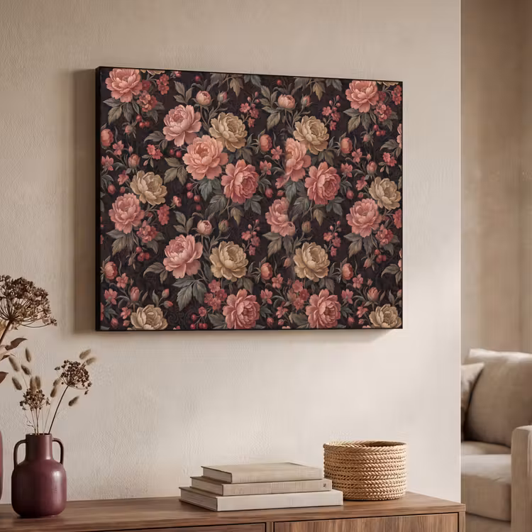 Bloemen - Patroon - Natuur - Vintage - Roze Textielframe zwart klein -sfeer3