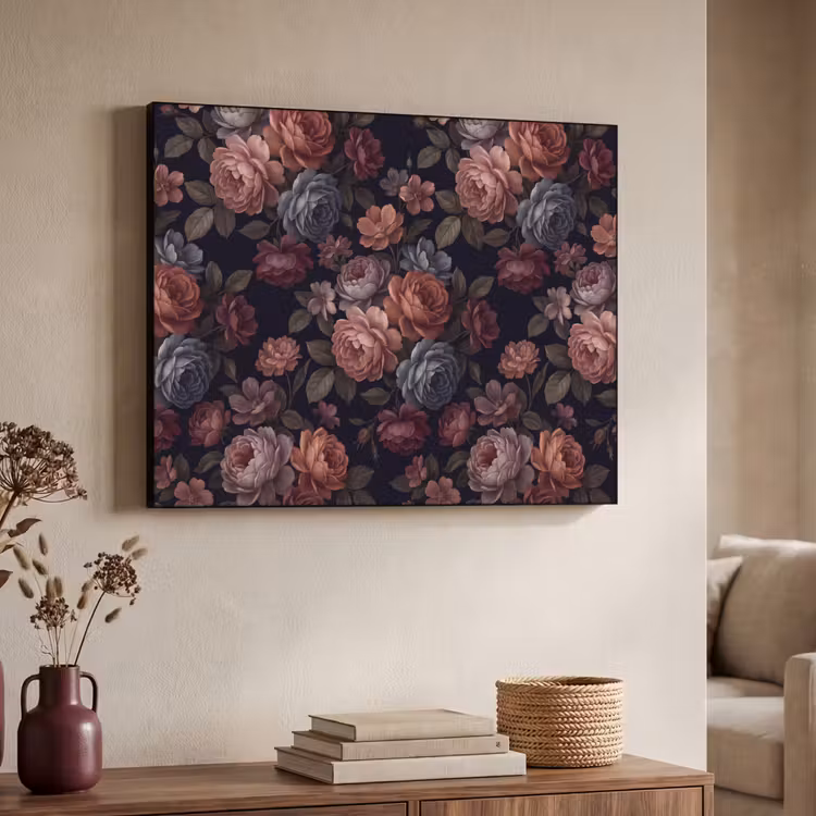 Bloemen - Patroon - Vintage - Donker - Roze Textielframe zwart klein -sfeer3
