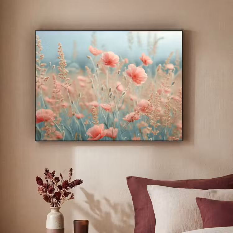 Bloemen - Natuur - Klaprozen - Bloemenveld Textielframe zwart klein -sfeer1