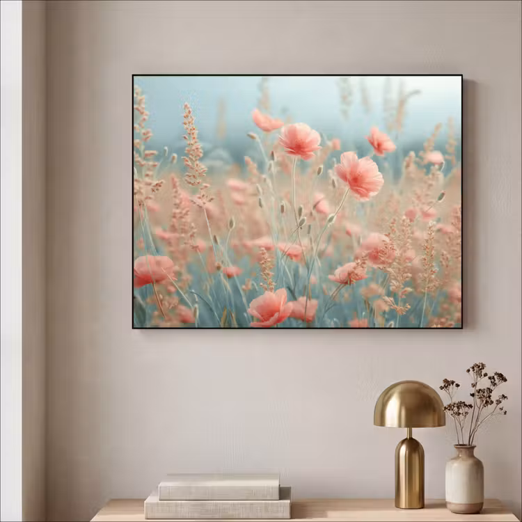 Bloemen - Natuur - Klaprozen - Bloemenveld Textielframe zwart klein -sfeer2