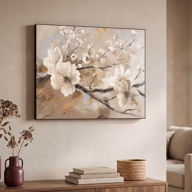 Bloemen - Natuur - Wit - Bloesem - Abstract Textielframe zwart klein -sfeer3