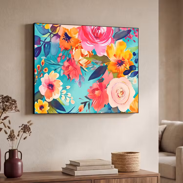 Bloemen - Olieverf - Kleurrijk - Natuur Textielframe zwart klein -sfeer3