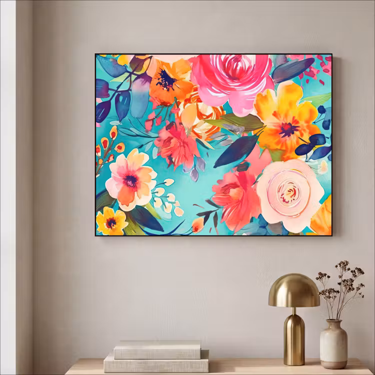 Bloemen - Olieverf - Kleurrijk - Natuur Textielframe zwart klein -sfeer2