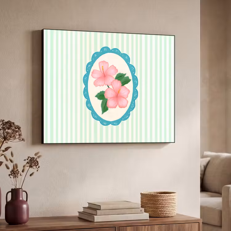 Bloemen - Ovaal - Strepen - Groen Textielframe zwart klein -sfeer3