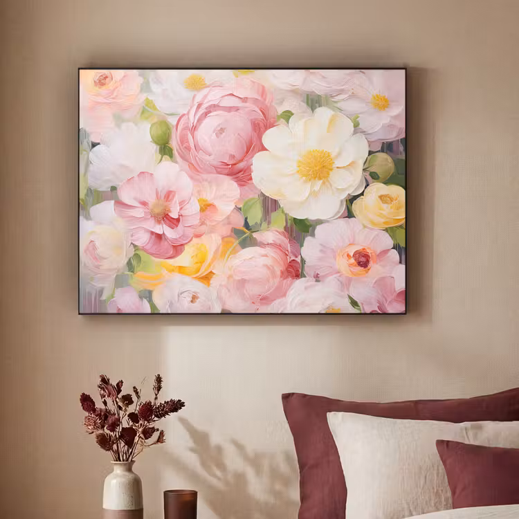 Bloemen - Roze - Botanisch - Kunst - Acrylverf Textielframe zwart klein -sfeer1
