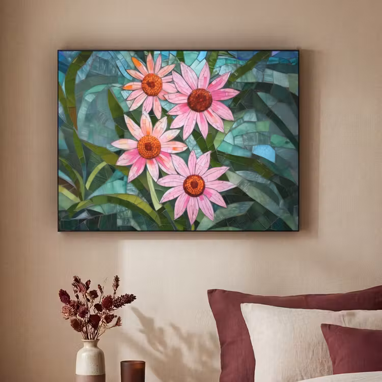 Bloemen - Roze - Glasmozaïek Textielframe - compleet frame klein -sfeer1
