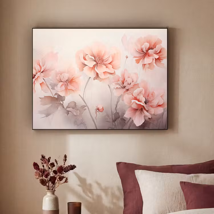 Bloemen - Roze - Kunst - Abstract - Aquarel Textielframe zwart klein -sfeer1