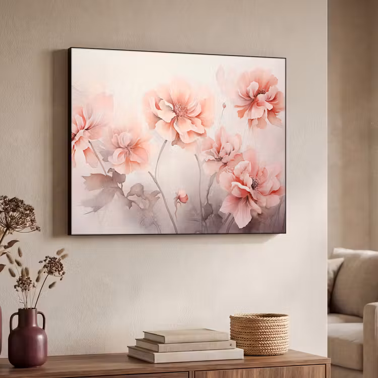 Bloemen - Roze - Kunst - Abstract - Aquarel Textielframe zwart klein -sfeer3