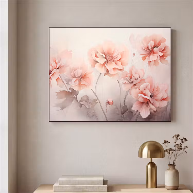 Bloemen - Roze - Kunst - Abstract - Aquarel Textielframe zwart klein -sfeer2