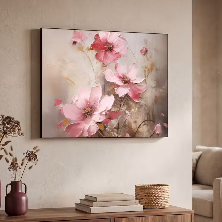 Bloemen - Roze - Kunst - Watercolor Textielframe zwart klein -sfeer3