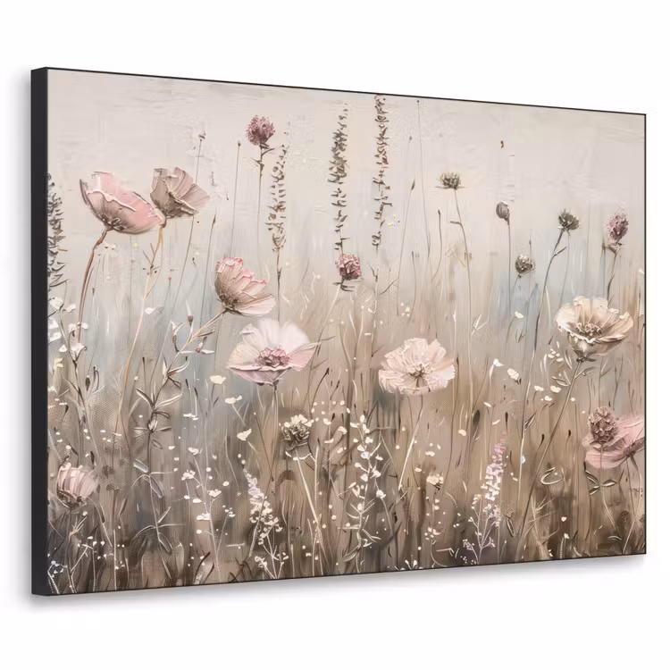 Bloemen - Roze - Modern - Beige Textielframe zwart klein -3d
