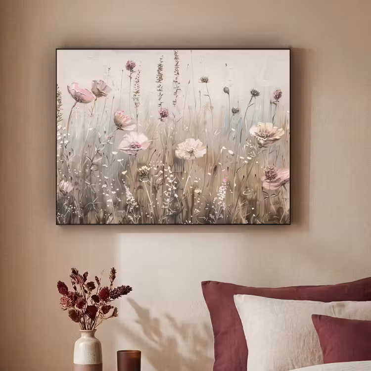 Bloemen - Roze - Modern - Beige Textielframe zwart klein -sfeer1