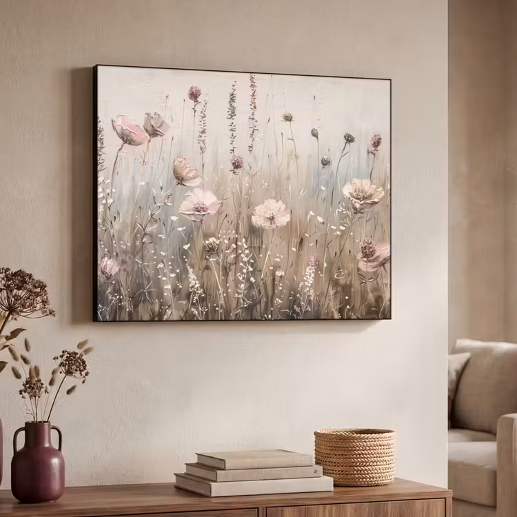 Bloemen - Roze - Modern - Beige Textielframe - compleet frame klein -sfeer3