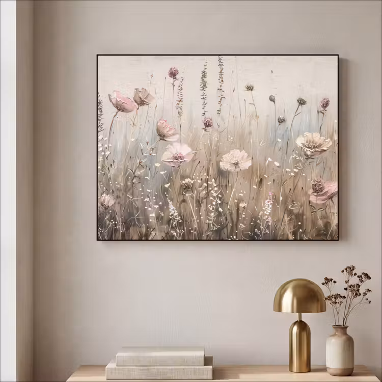 Bloemen - Roze - Modern - Beige Textielframe - compleet frame klein -sfeer2
