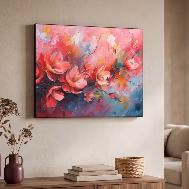 Bloemen - Roze - Natuur- Kunst - Abstract Textielframe zwart klein -sfeer3