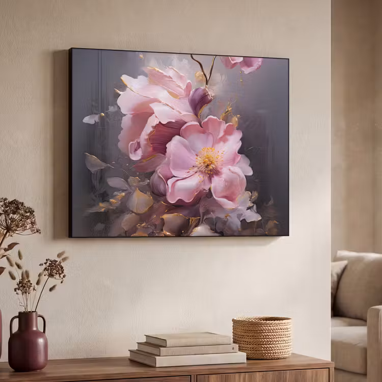 Bloemen - Roze - Stilleven - Kunst Textielframe zwart klein -sfeer3