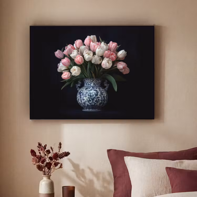 Bloemen - Roze - Tulpen - Vaas Textielframe zwart klein -sfeer1