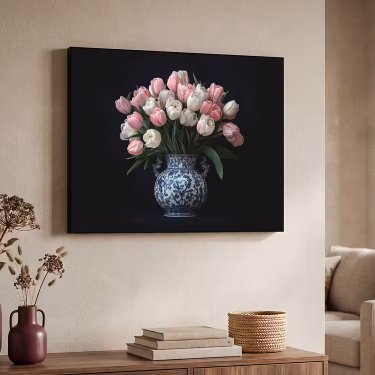 Bloemen - Roze - Tulpen - Vaas Textielframe zwart klein -sfeer3