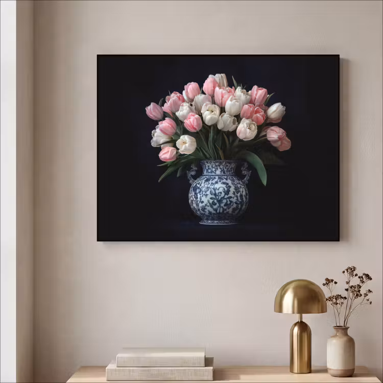 Bloemen - Roze - Tulpen - Vaas Textielframe zwart klein -sfeer2