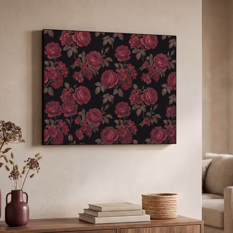 Bloemen - Roos - Patroon - Klassiek - Rood Textielframe zwart klein -sfeer3