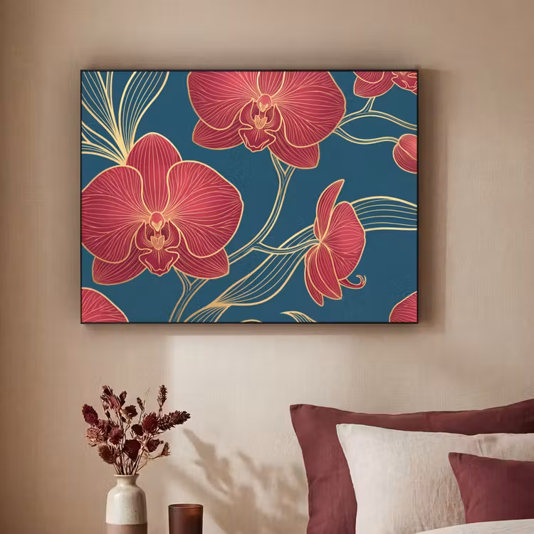 Art Frame - Blumen – Rot – Gold - Bloemen - Rood - Goud Textielframe zwart klein
