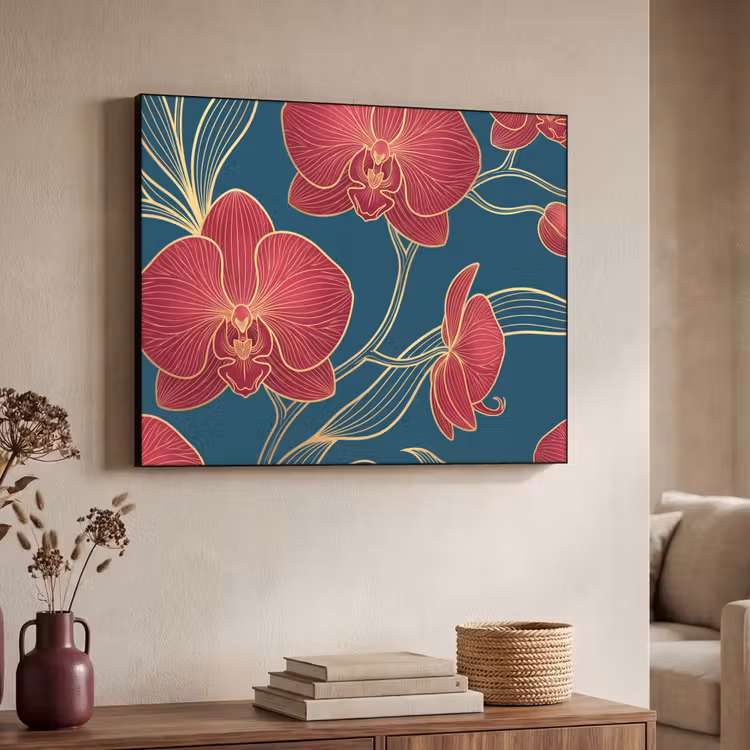 Art Frame - Blumen – Rot – Gold - Bloemen - Rood - Goud Textielframe zwart klein