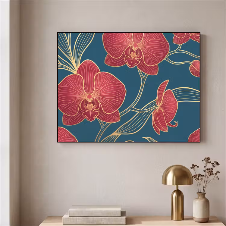 Art Frame - Blumen – Rot – Gold - Bloemen - Rood - Goud Textielframe zwart klein
