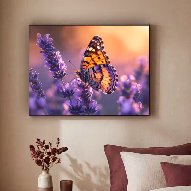 Bloemen - Vlinder - Lavendel - Bloem - Natuur Textielframe zwart klein -sfeer1
