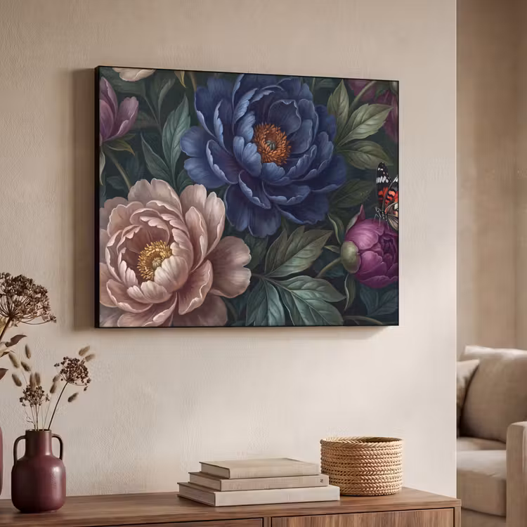 Bloemen - Vlinder - Natuur - Modern - Paars Textielframe zwart klein -sfeer3