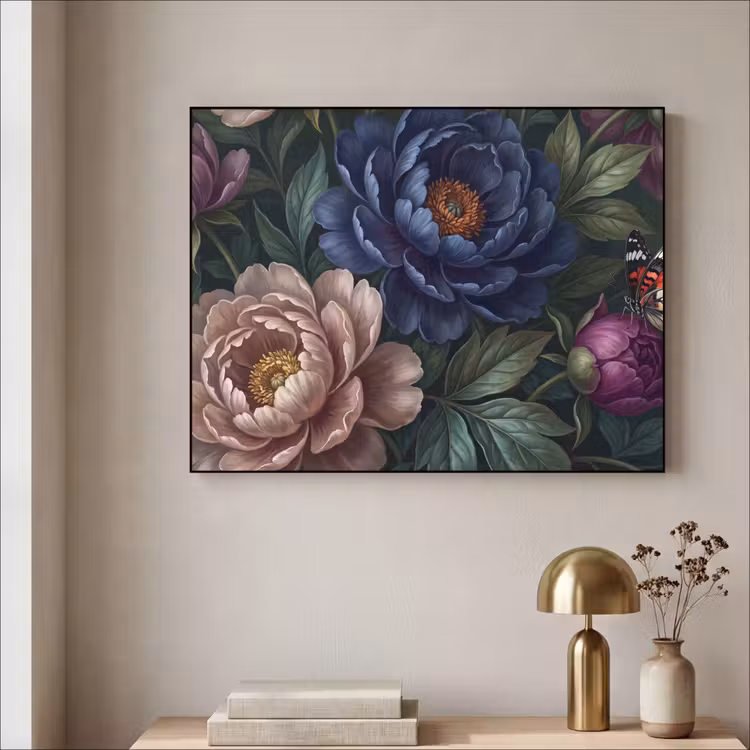 Bloemen - Vlinder - Natuur - Modern - Paars Textielframe zwart klein -sfeer2