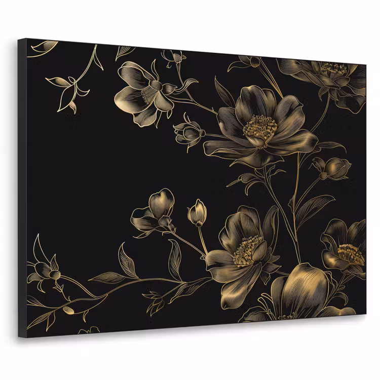 Bloemen - Zwart - Goud - Line art Textielframe zwart klein -3d