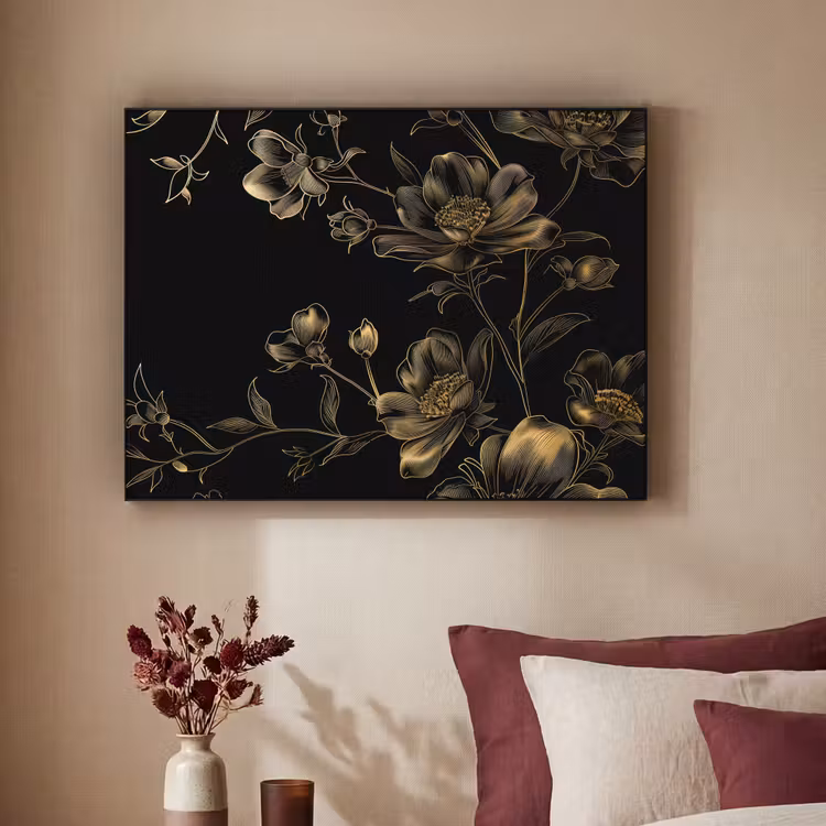 Bloemen - Zwart - Goud - Line art Textielframe zwart klein -sfeer1
