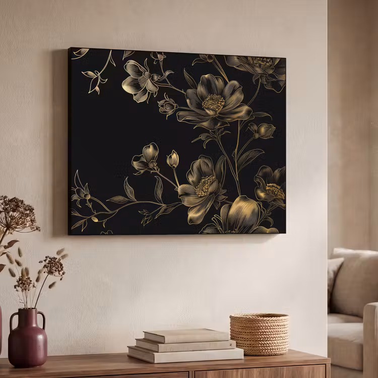 Bloemen - Zwart - Goud - Line art Textielframe zwart klein -sfeer3