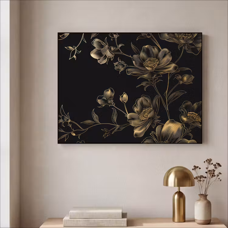 Bloemen - Zwart - Goud - Line art Textielframe zwart klein -sfeer2
