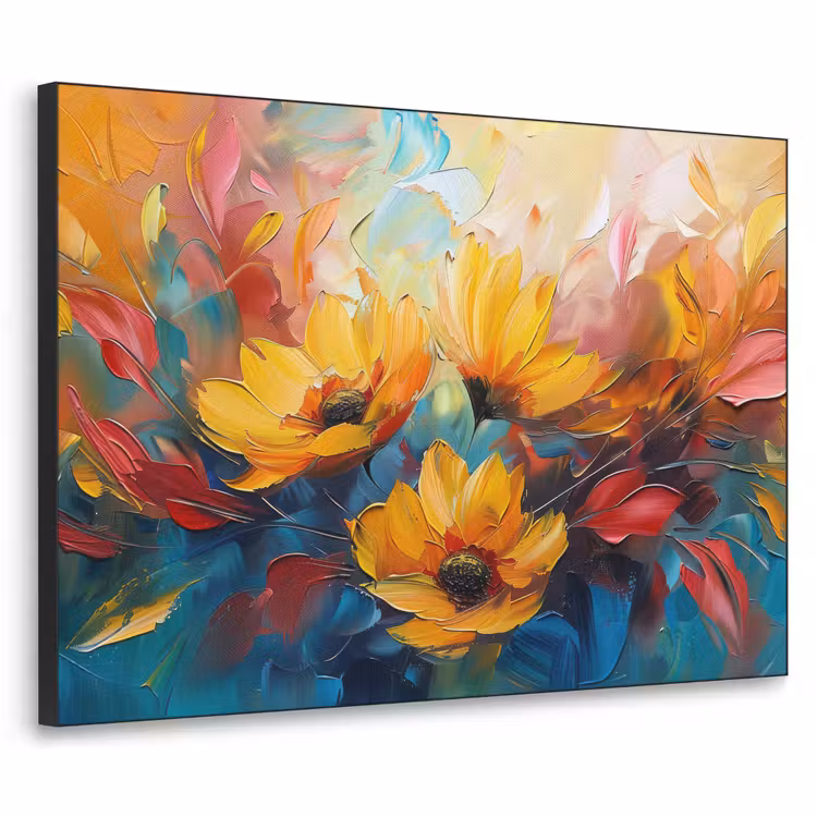 Bloemen - Zonnebloemen - Kunst - Geel Textielframe zwart klein -3d