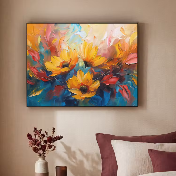Bloemen - Zonnebloemen - Kunst - Geel Textielframe zwart klein -sfeer1