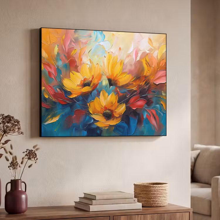 Bloemen - Zonnebloemen - Kunst - Geel Textielframe zwart klein -sfeer3