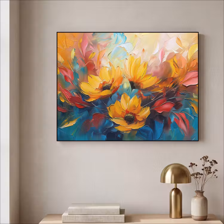 Bloemen - Zonnebloemen - Kunst - Geel Textielframe zwart klein -sfeer2