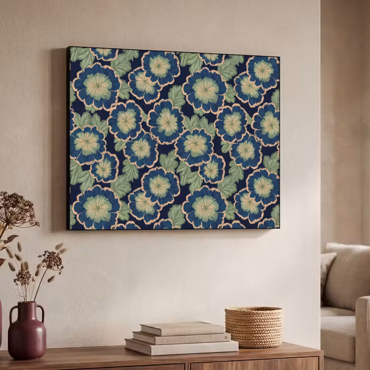 Bloemen - Borduurwerk - Patroon - Blauw - Groen Textielframe zwart klein 947 -sfeer3