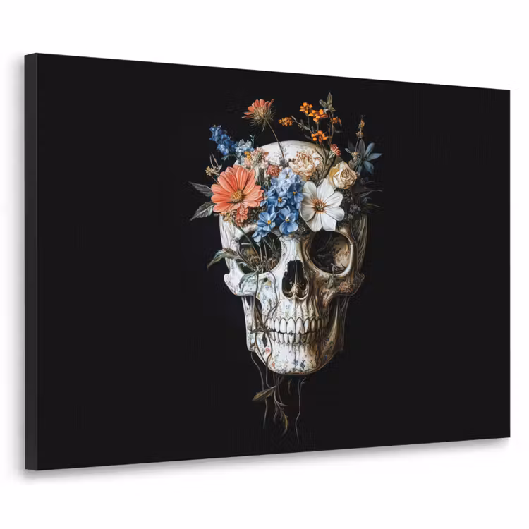Bloemen - Schedel - Kleurrijk Textielframe - compleet frame klein -3d